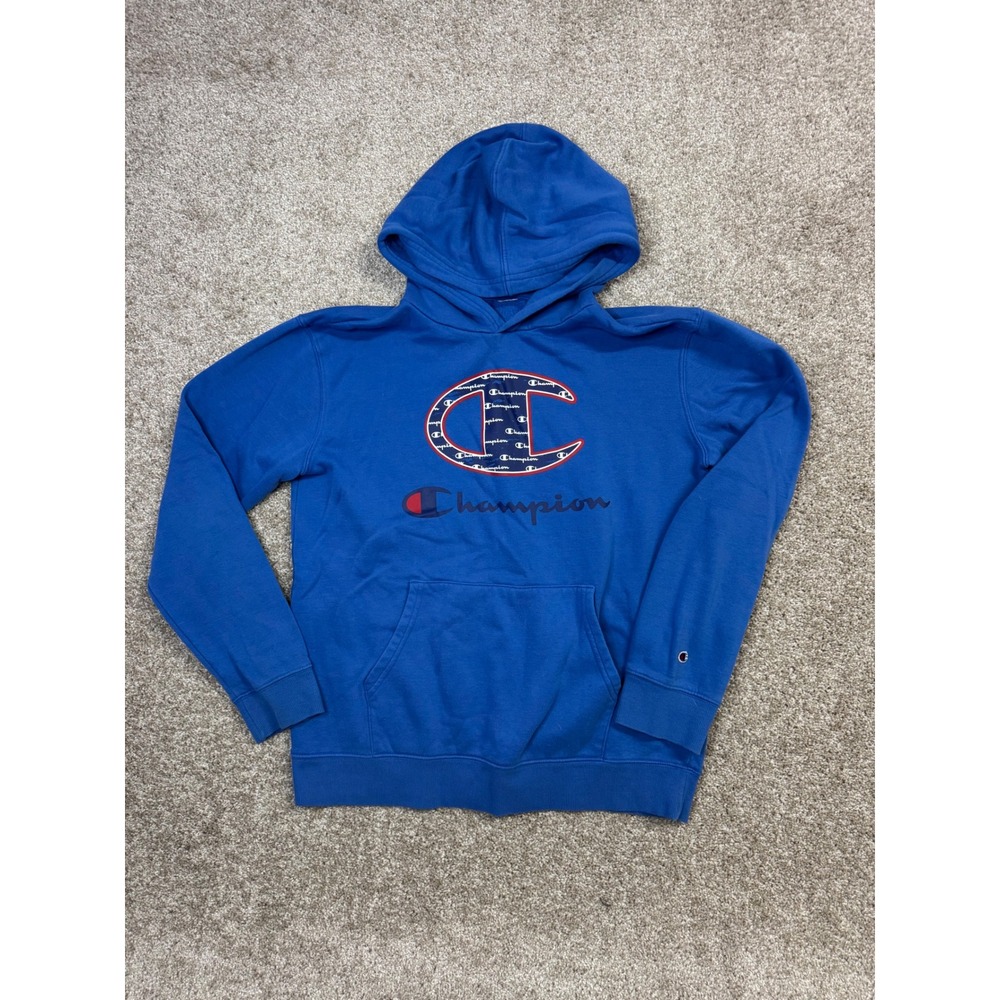 Champion Royal Blue Big Logo Graphic Fleece Pullover Hoodie Mens Small